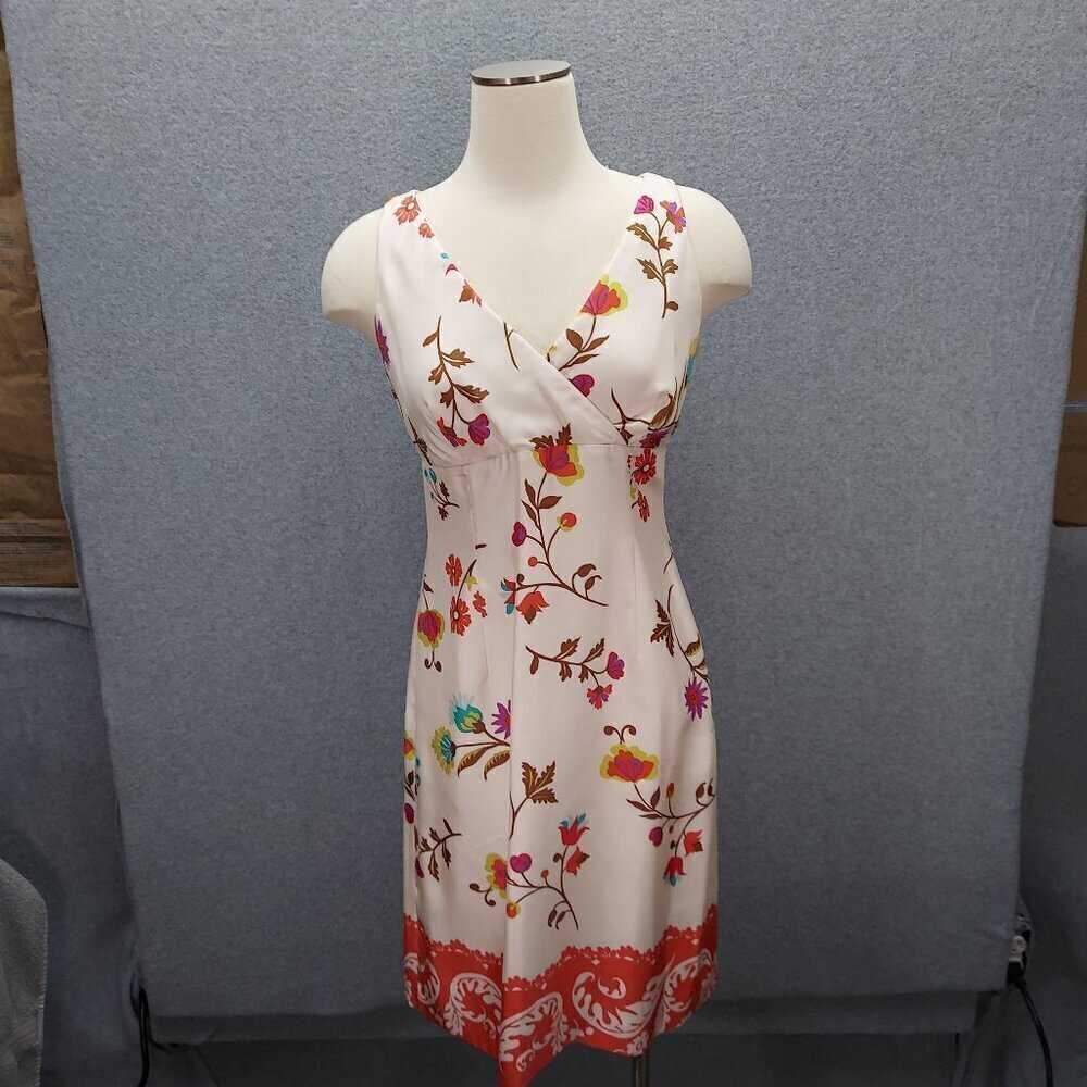Nicole Miller Cream Floral Sleeveless Back Zip V Neck A-Line Dress Womens Size 6